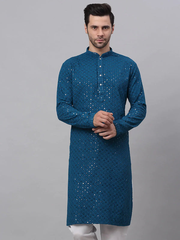 Men Blue Chikankari Embroidered and Sequence Kurta Only ( KO 678 Peacock )