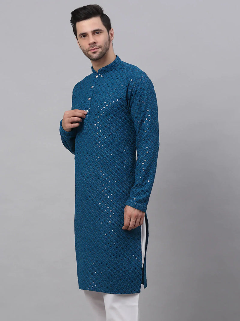 Men Blue Chikankari Embroidered and Sequence Kurta Only ( KO 678 Peacock )