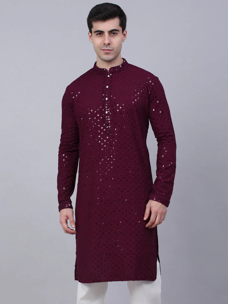 Men Purple Chikankari Embroidered and Sequence Kurta Only ( KO 678 Purple )