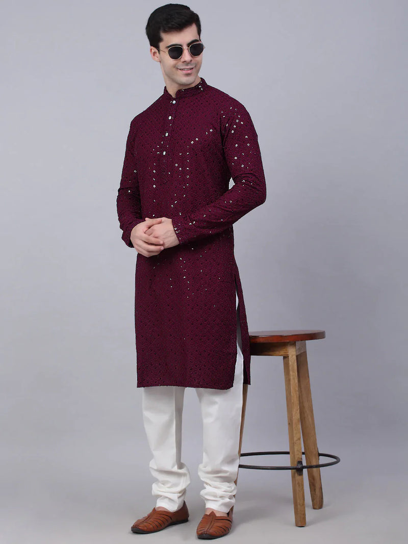 Men Purple Chikankari Embroidered and Sequence Kurta Only ( KO 678 Purple )