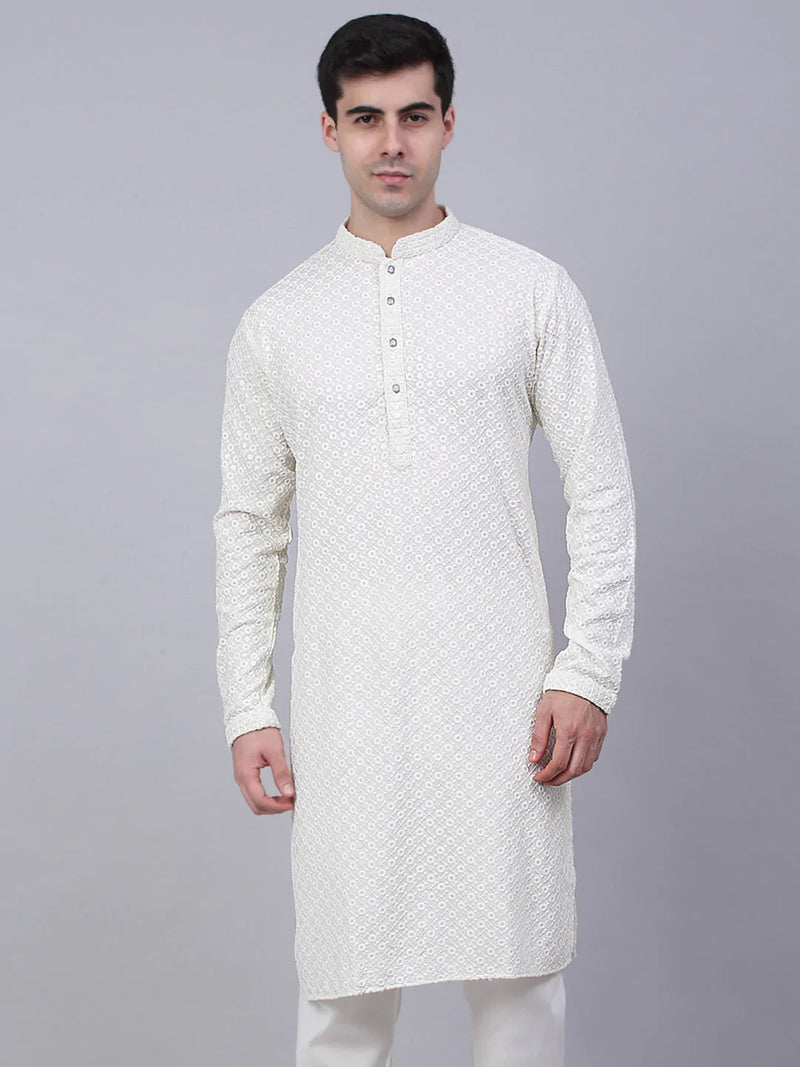 Men White Chikankari Embroidered and Sequence Kurta Only ( KO 678 White )