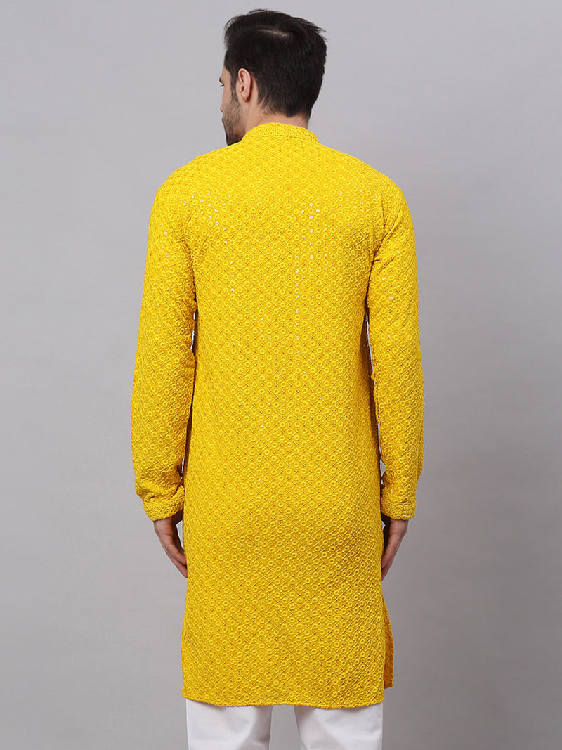 Men Yellow Chikankari Embroidered and Sequence Kurtas. ( KO 678Yellow )