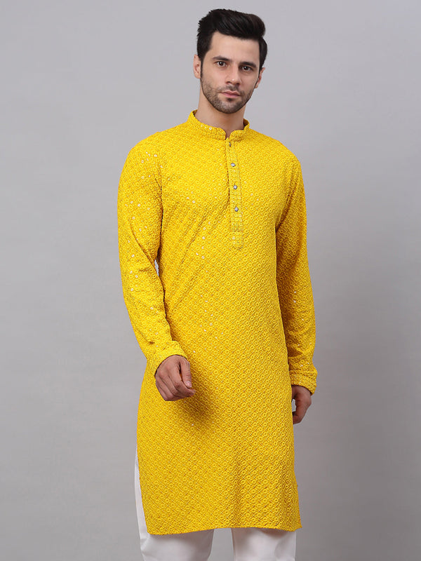 Men Yellow Chikankari Embroidered and Sequence Kurtas. ( KO 678Yellow )