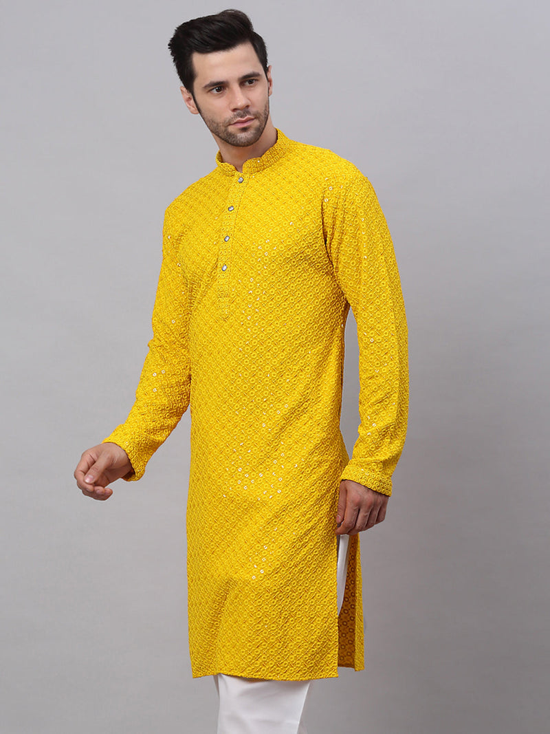 Men Yellow Chikankari Embroidered and Sequence Kurtas. ( KO 678Yellow )