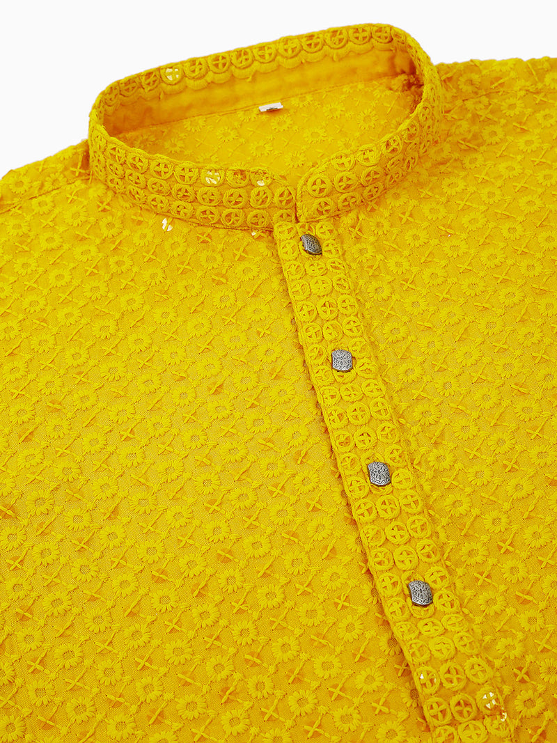 Men Yellow Chikankari Embroidered and Sequence Kurtas. ( KO 678Yellow )