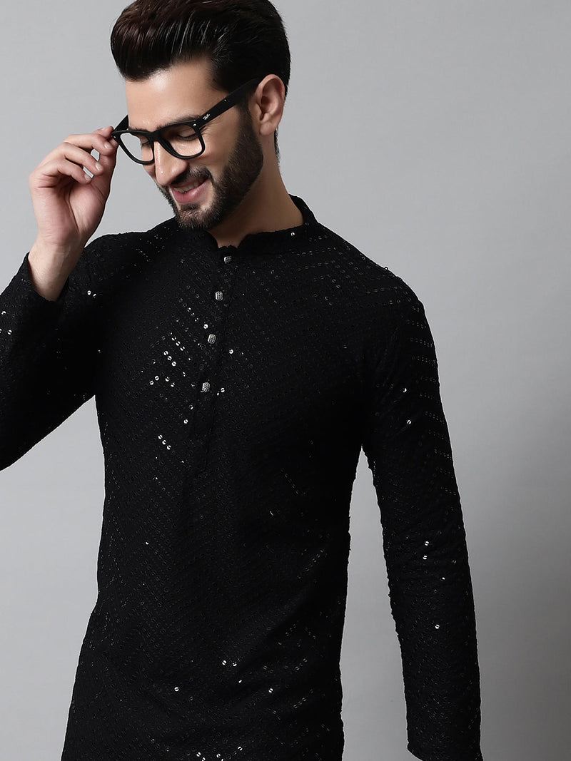 Men Black Embroidered Sequinned Kurtas