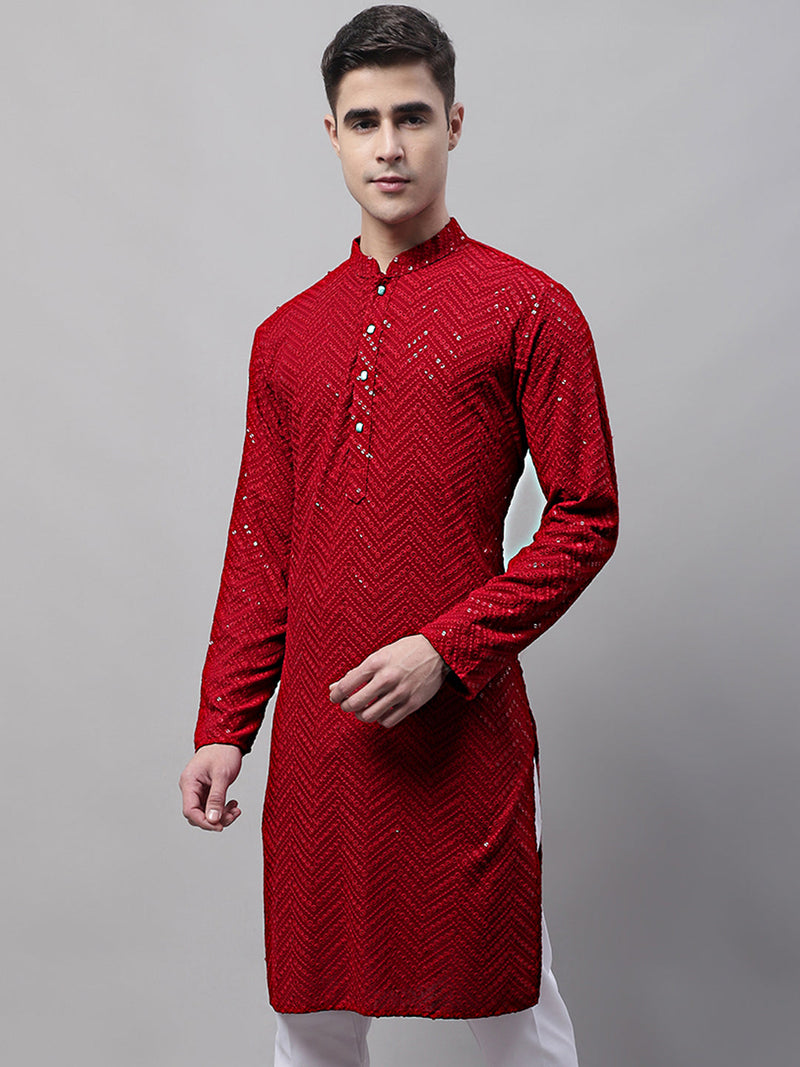 Men Navy Blue Embroidered Sequinned Kurtas