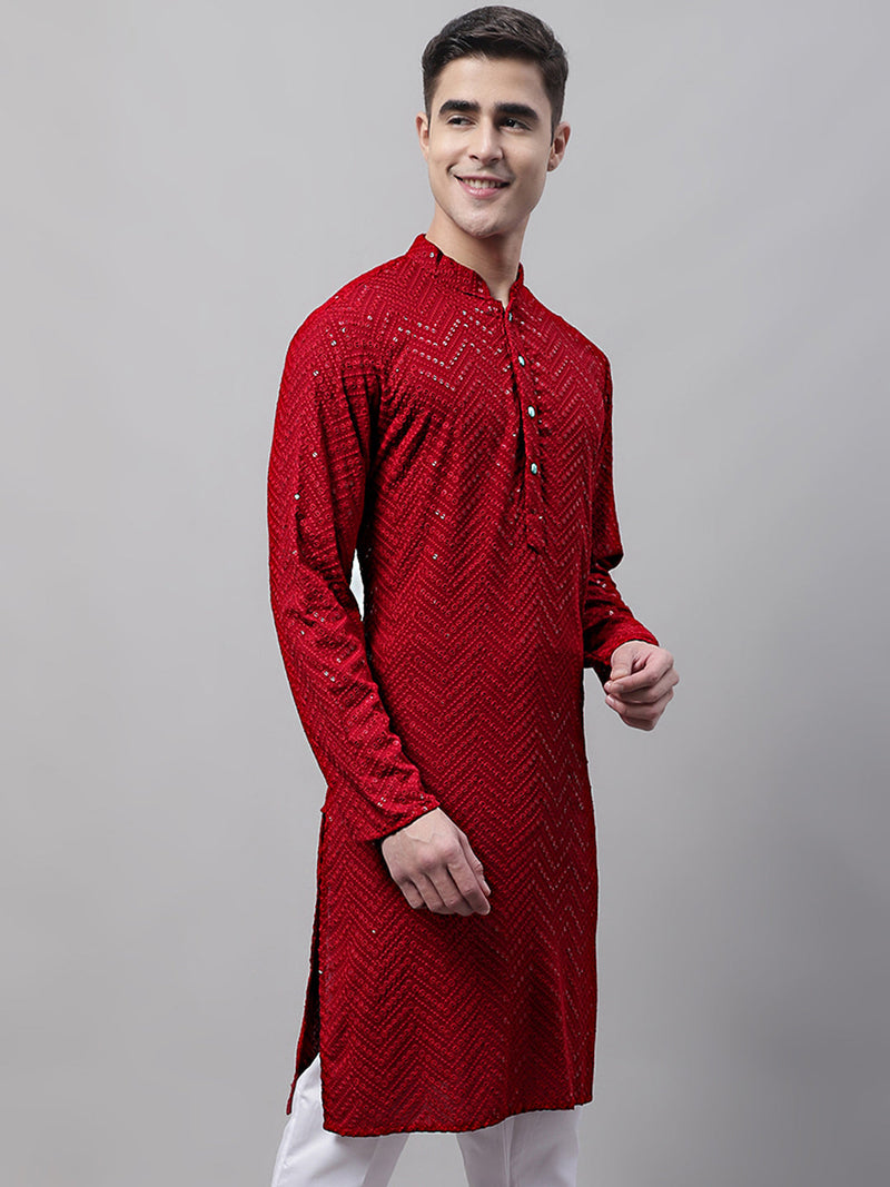 Men Navy Blue Embroidered Sequinned Kurtas