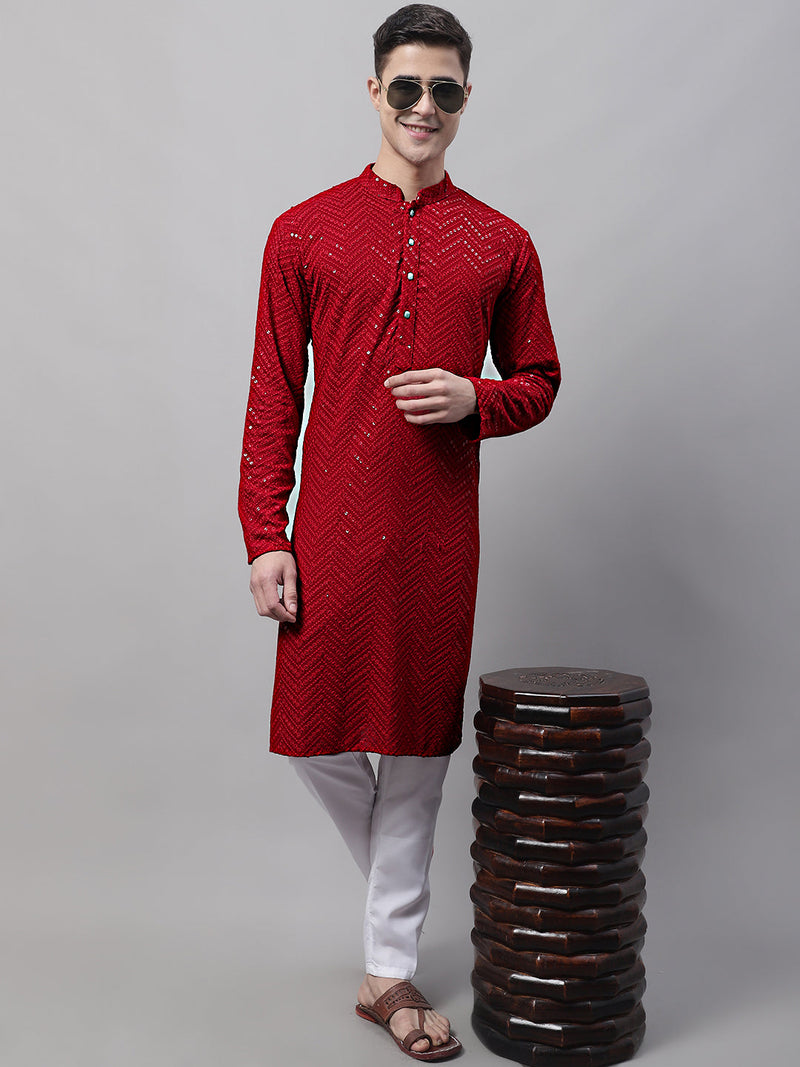 Men Navy Blue Embroidered Sequinned Kurtas