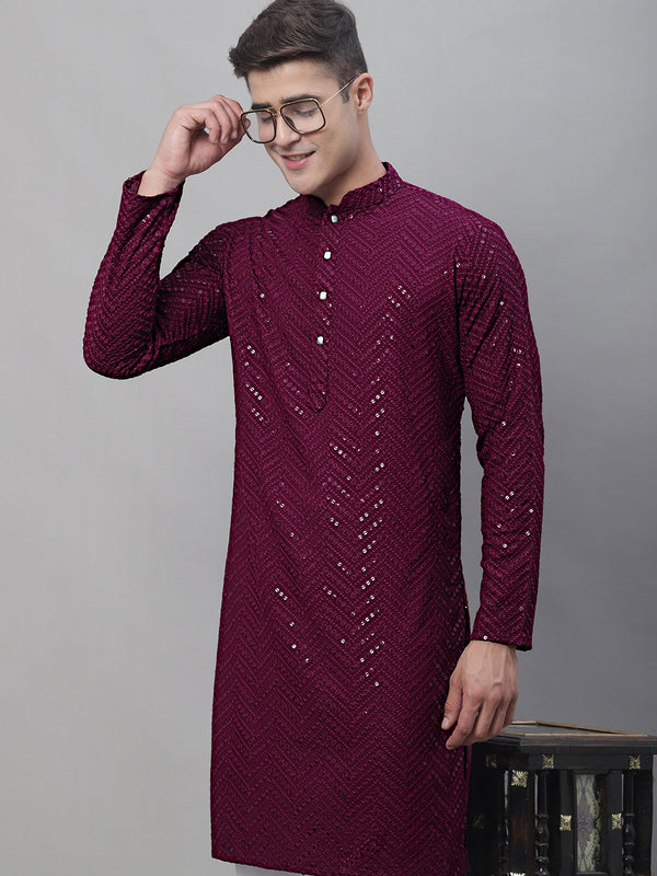 Men Purple Embroidered Sequinned Kurtas