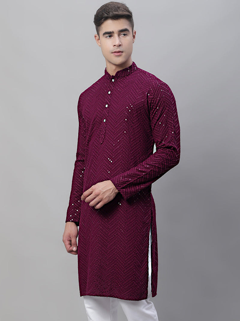 Men Purple Embroidered Sequinned Kurtas