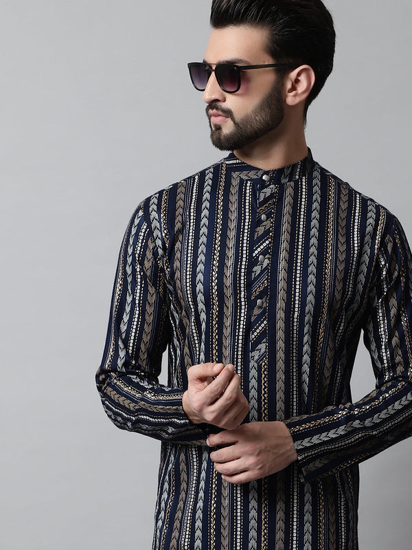 Men Navy Blue Foil Printed Kurtas