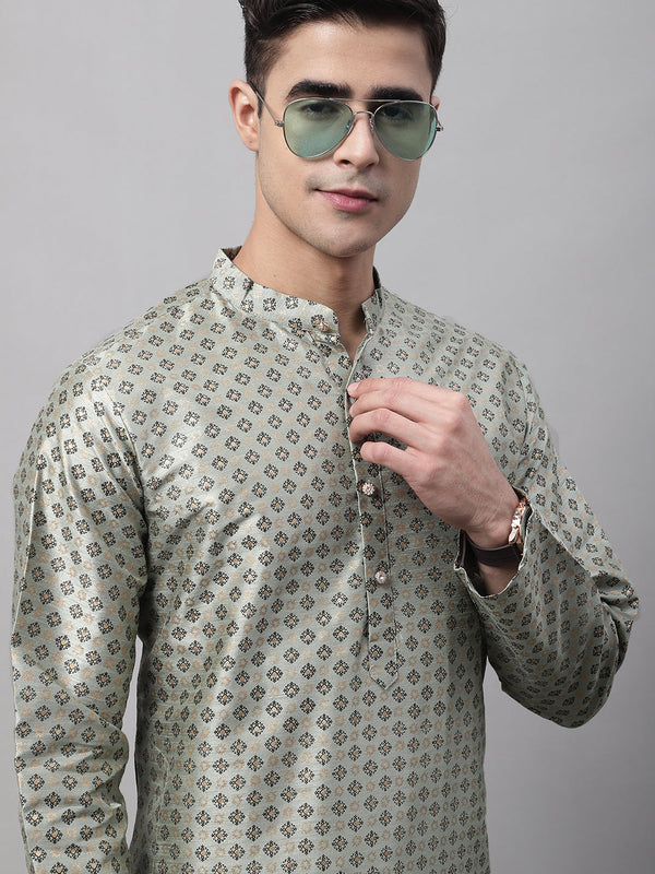 Men's Green Printed Silk Blend Kurtas