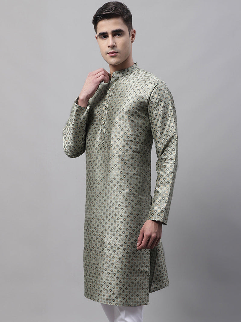 Men's Green Printed Silk Blend Kurtas