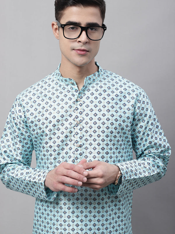 Men's Sky Blue Printed Silk Blend Kurtas