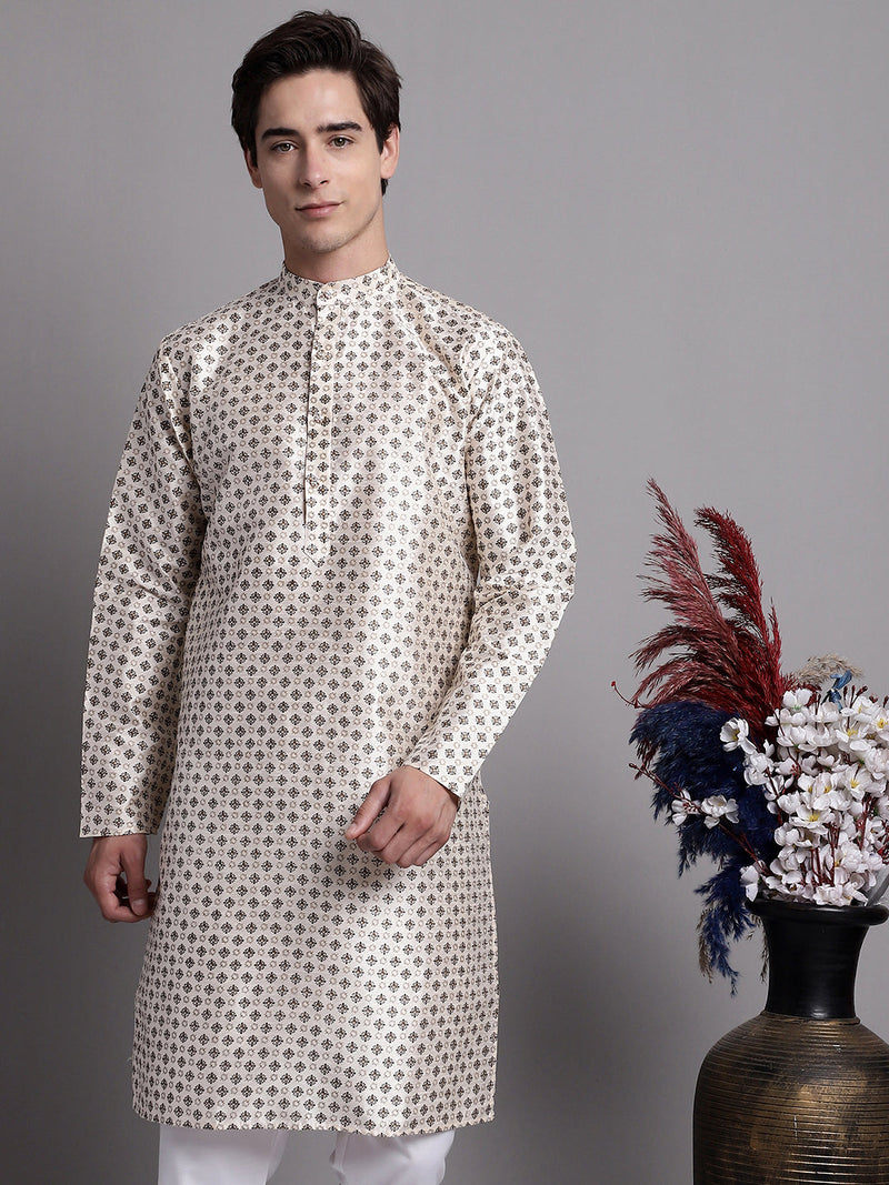 Men's Grey Printed Silk Blend Kurta