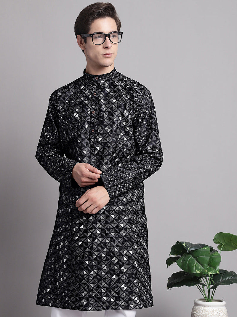 Men's Black Printed Pure Cotton Kurta