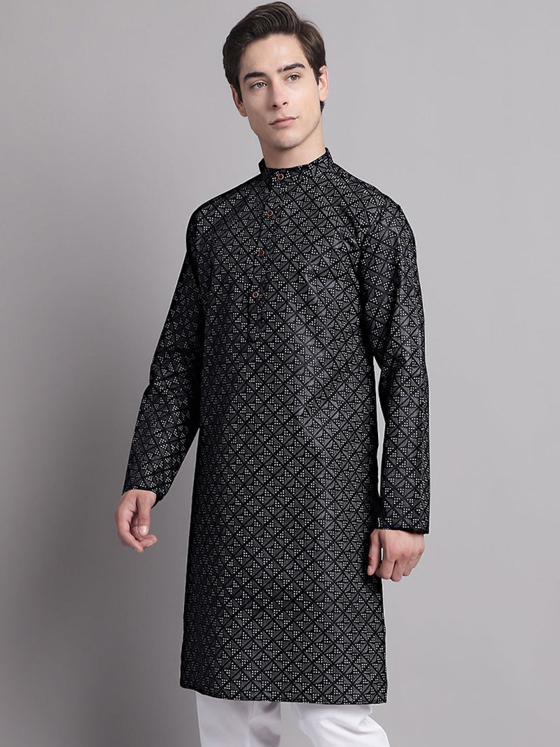 Men's Black Printed Pure Cotton Kurta