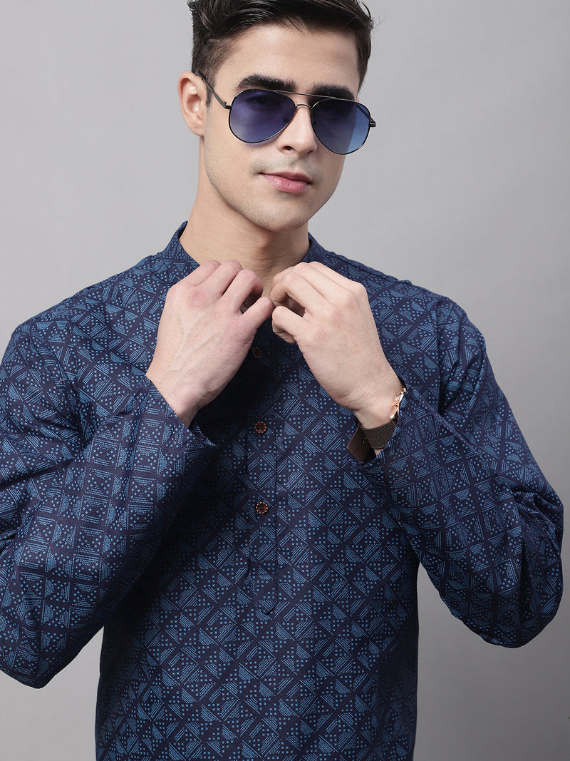 Men's Navy Blue Printed Pure Cotton Kurtas