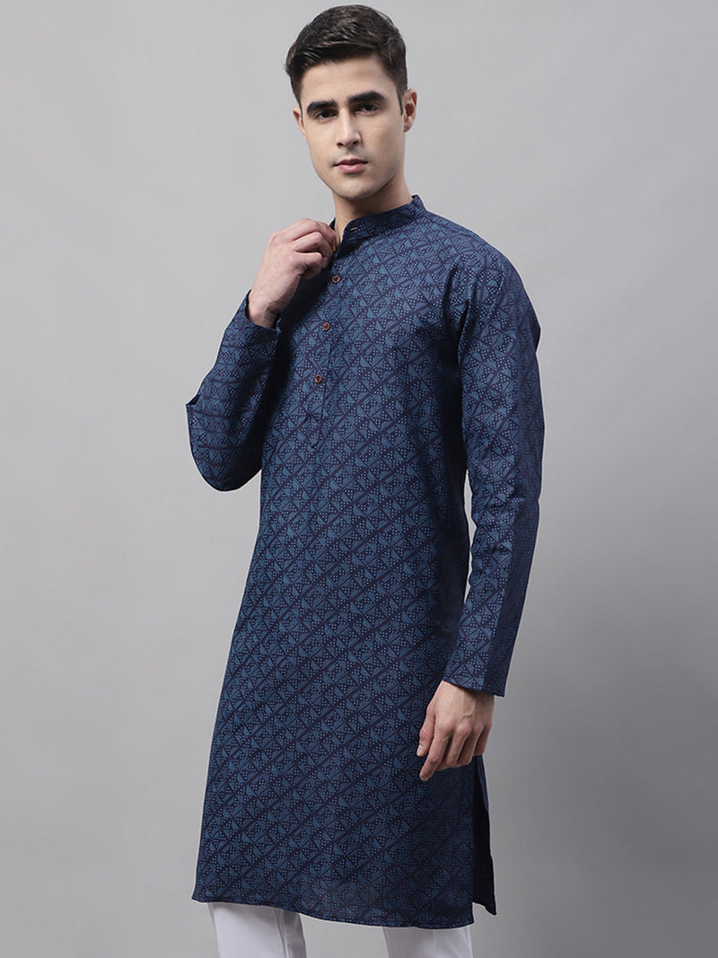 Men's Navy Blue Printed Pure Cotton Kurtas