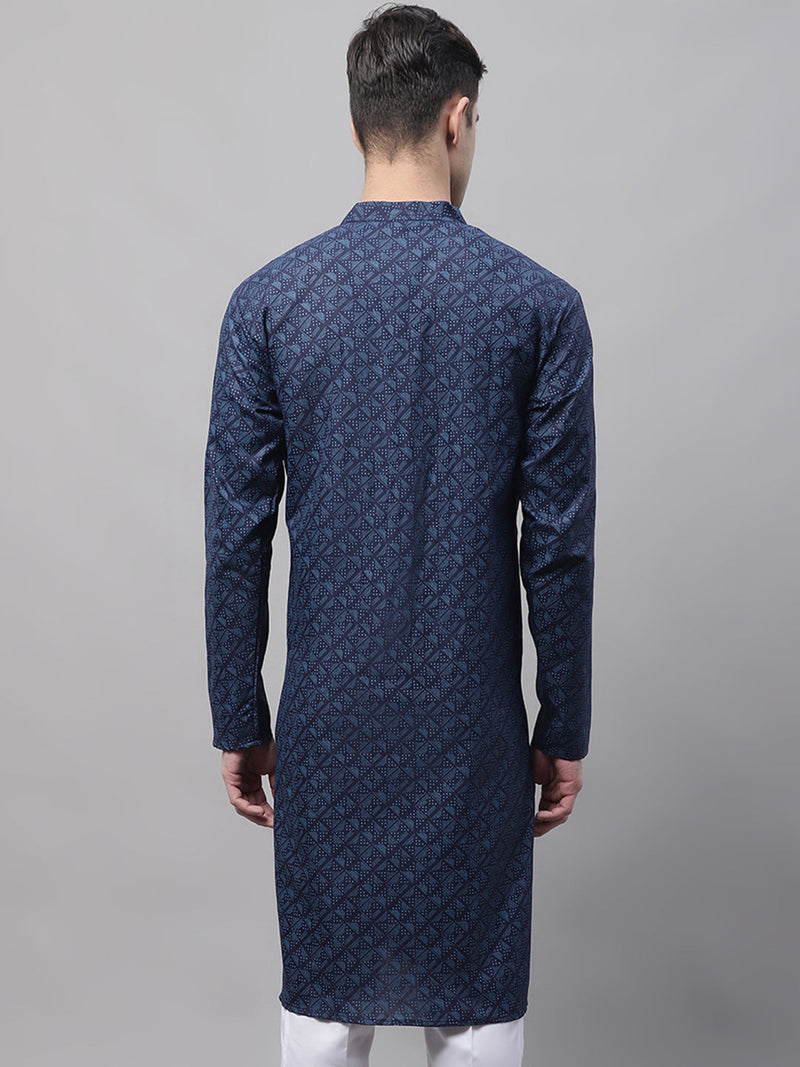 Men's Navy Blue Printed Pure Cotton Kurtas