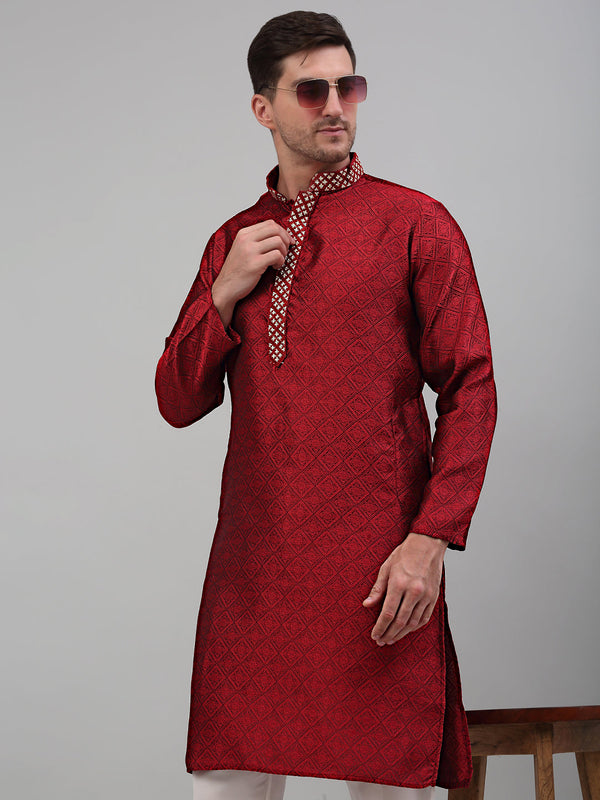 Men's Maroon Collar Embroidered Kurta Only