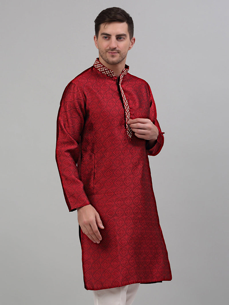 Men's Maroon Collar Embroidered Kurta Only