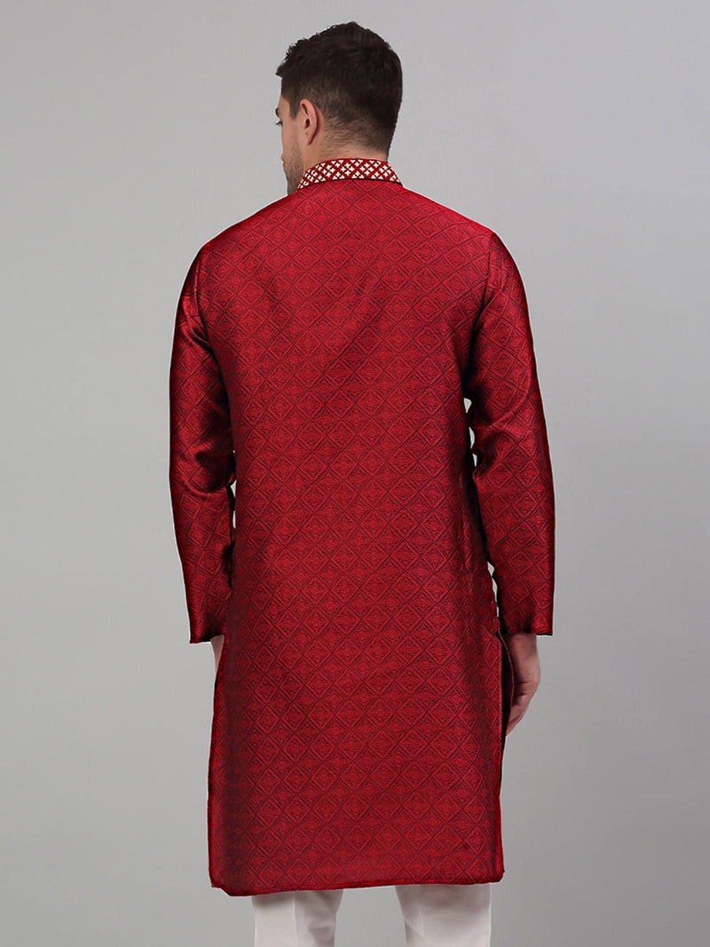 Men's Maroon Collar Embroidered Kurta Only