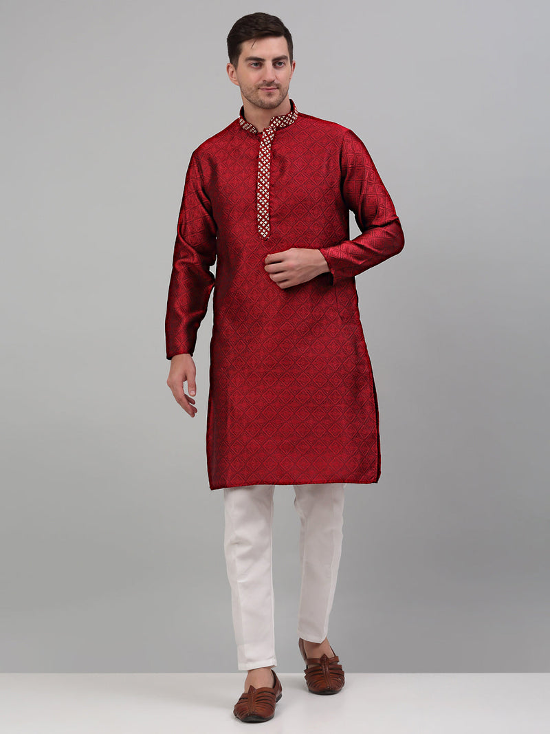 Men's Maroon Collar Embroidered Kurta Only