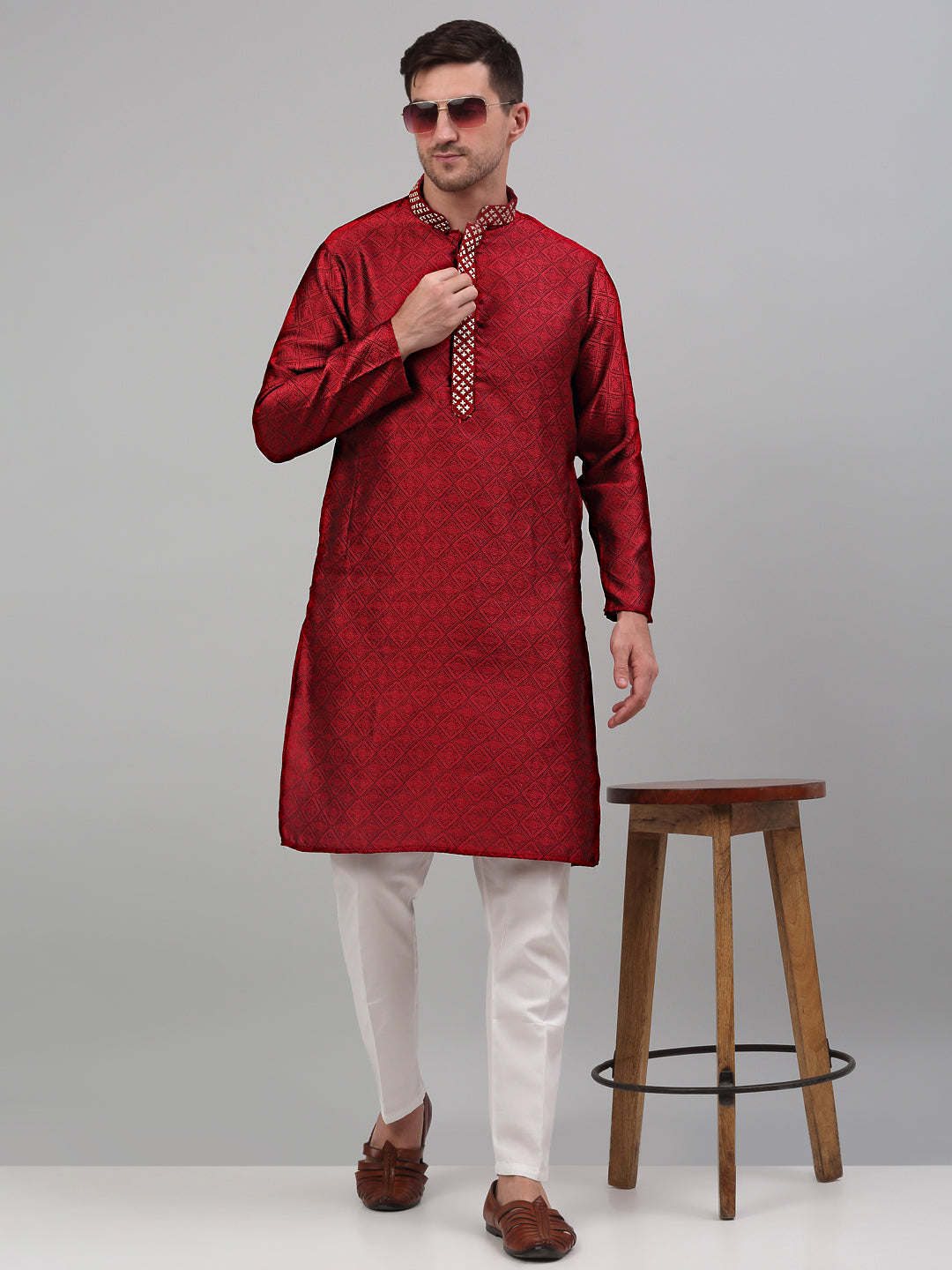 Men's Maroon Collar Embroidered Kurta Only