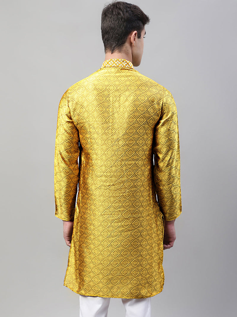 Men's Mustard Jacquard Silk Collar Embroidered Kurtas