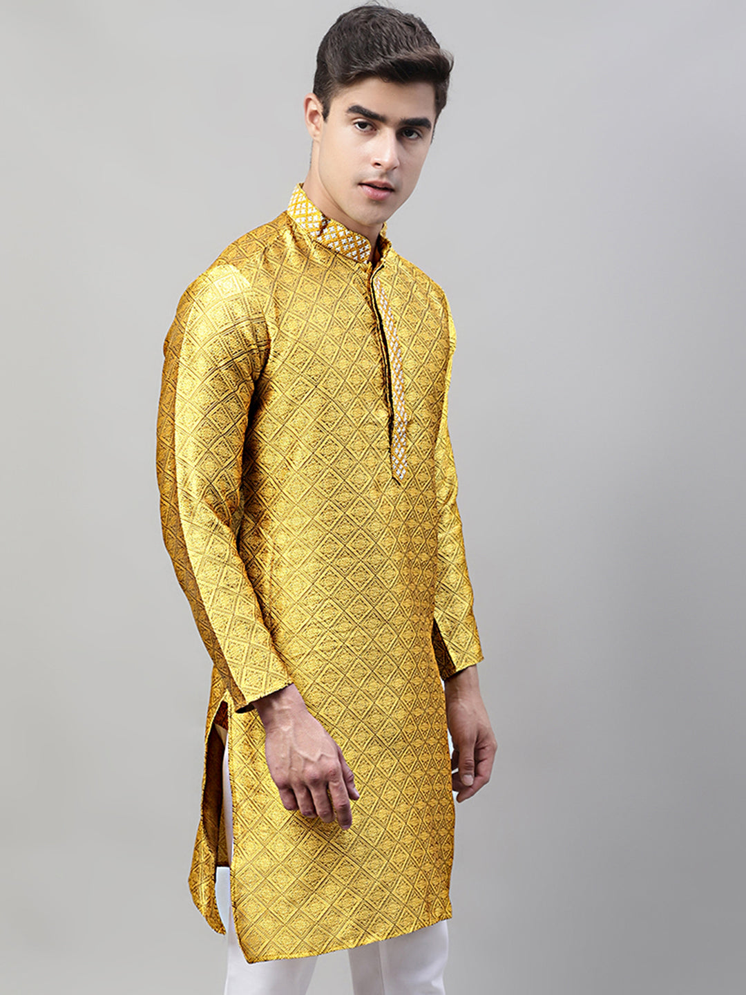 Men's Mustard Jacquard Silk Collar Embroidered Kurtas