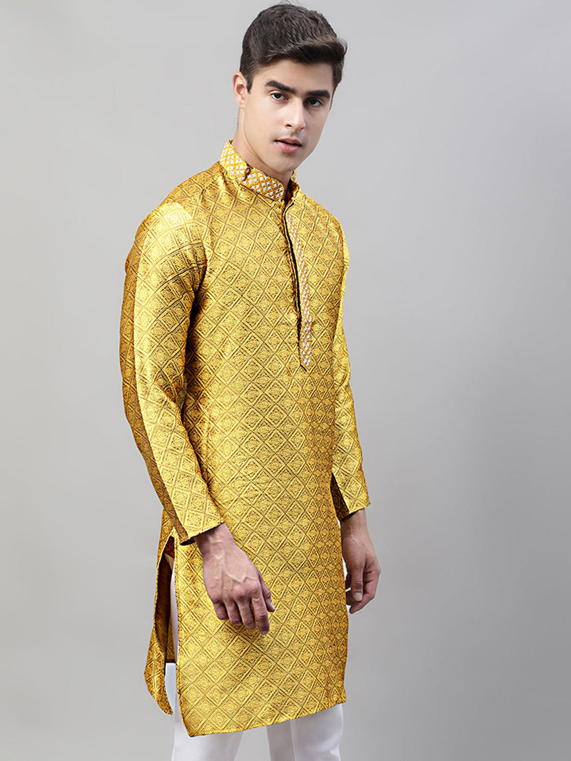 Men's Mustard Jacquard Silk Collar Embroidered Kurtas