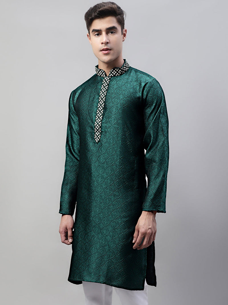 Men's Olive Green Jacquard Silk Collar Embroidered Kurtas