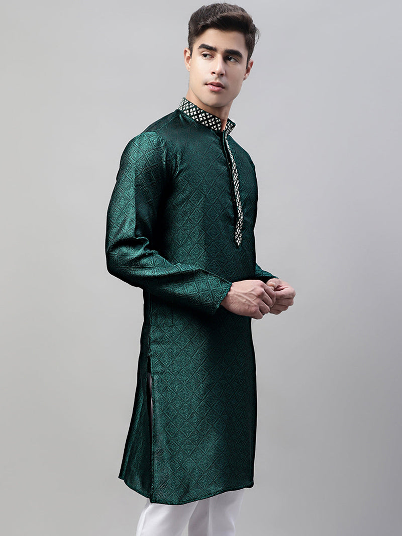 Men's Olive Green Jacquard Silk Collar Embroidered Kurtas