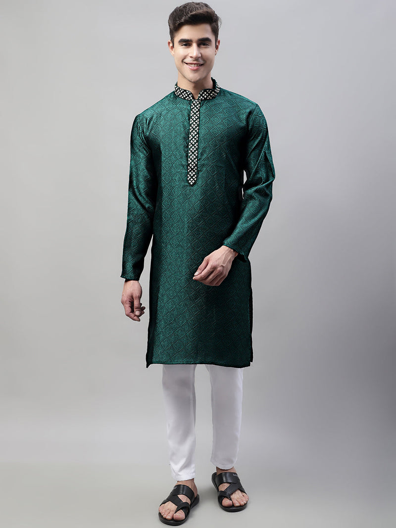 Men's Olive Green Jacquard Silk Collar Embroidered Kurtas