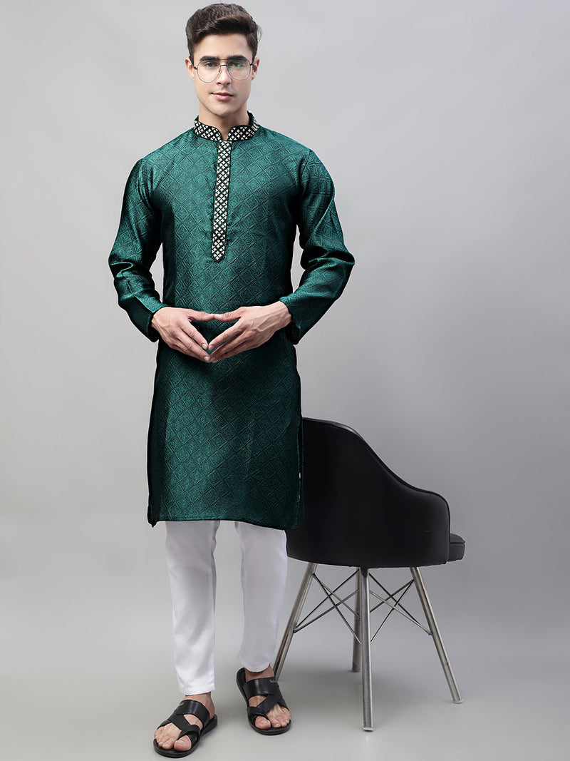 Men's Olive Green Jacquard Silk Collar Embroidered Kurtas