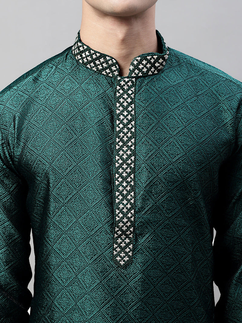 Men's Olive Green Jacquard Silk Collar Embroidered Kurtas