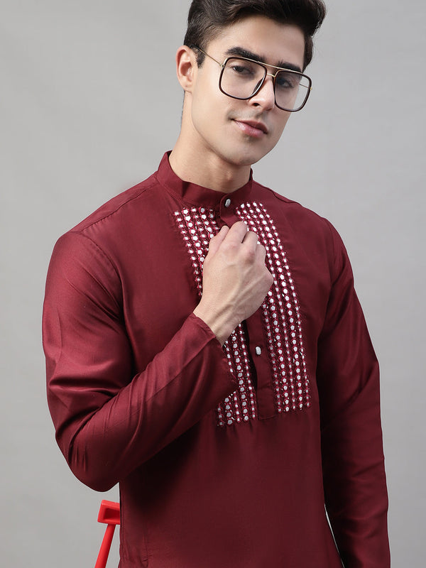 Men's Maroon Cotton Silk Mirror Work Kurtas