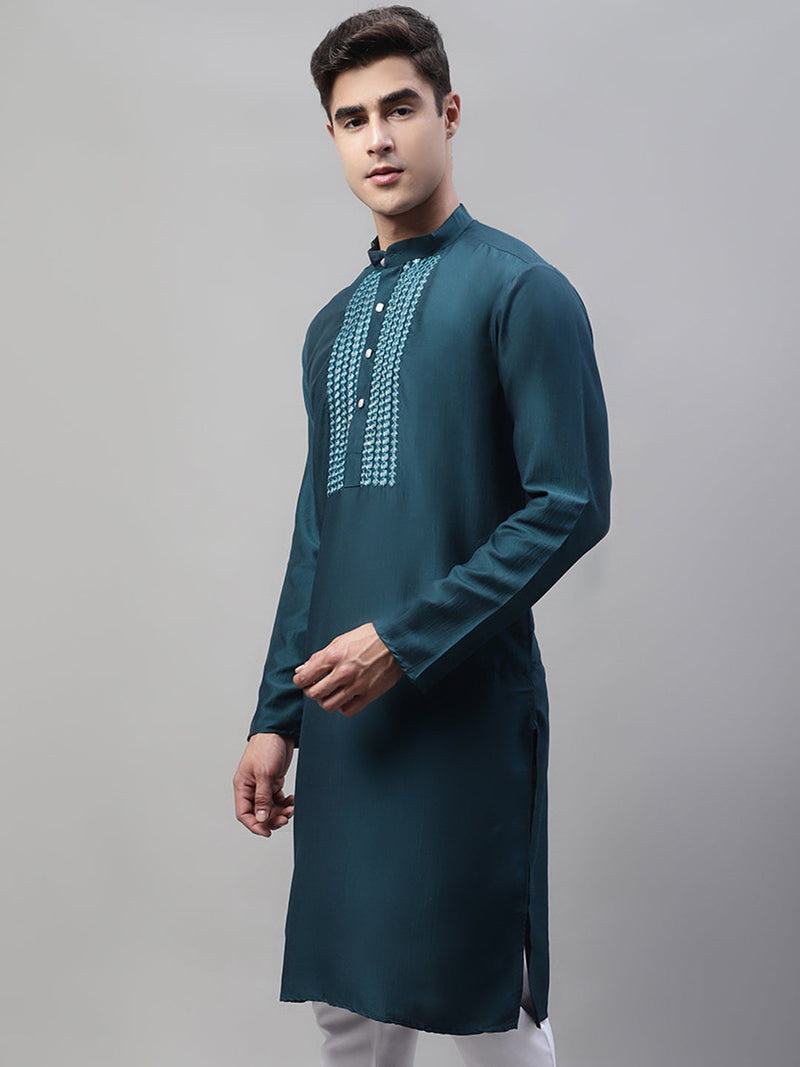 Men's Teal Blue Cotton Silk Mirror Work Kurtas