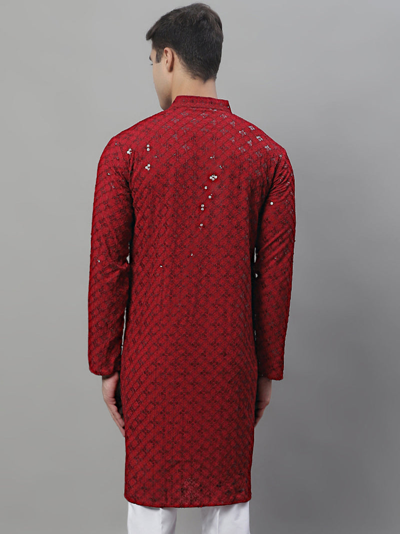 Men's Maroon Chikankari Embroidered and Sequence Kurtas