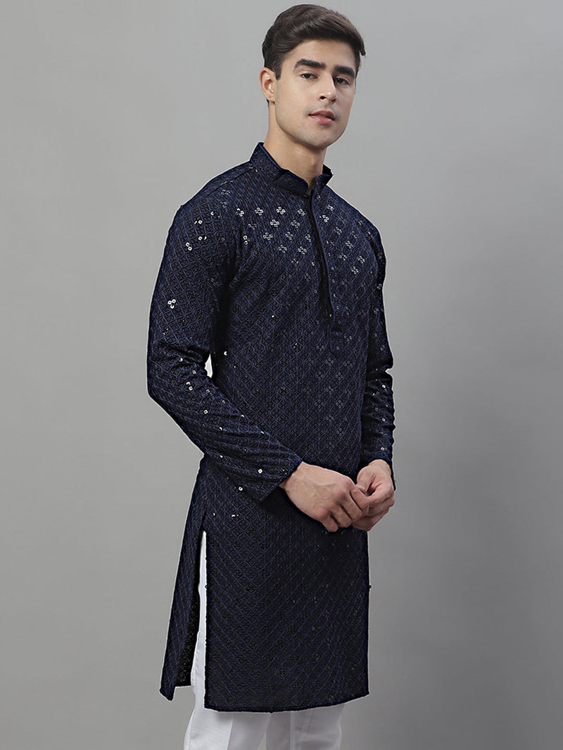 Men's Navy Blue Chikankari Embroidered and Sequence Kurtas