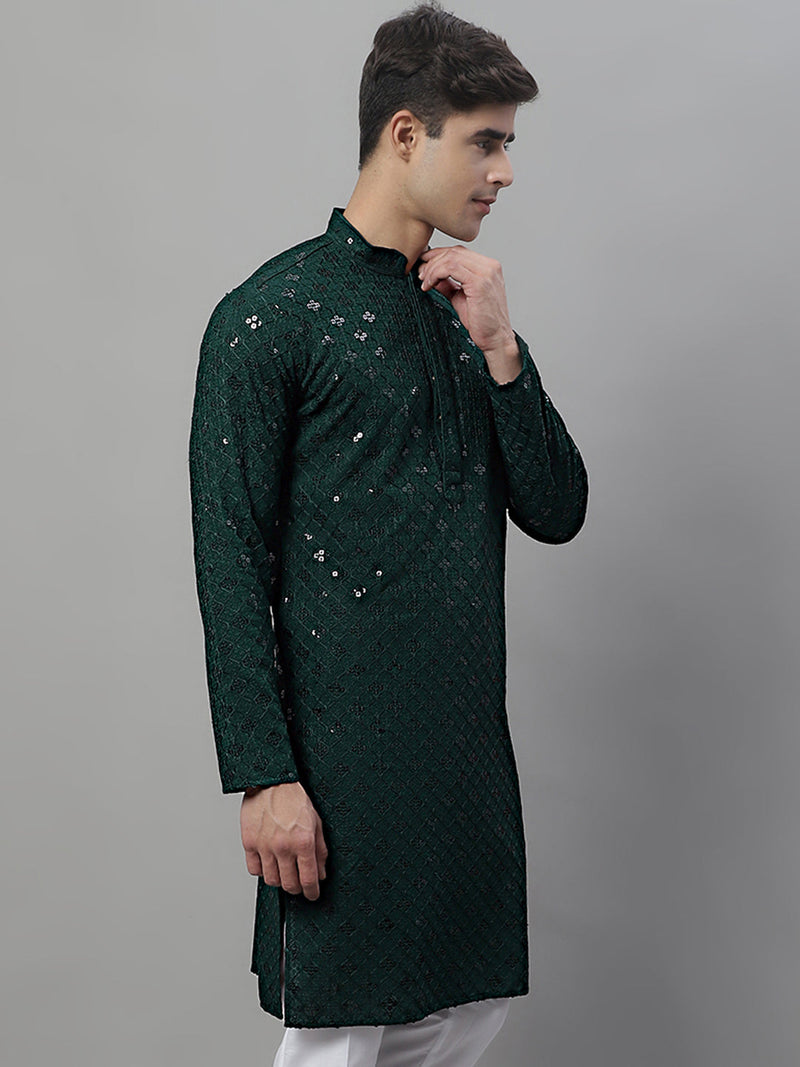 Men's Olive Green Chikankari Embroidered and Sequence Kurtas