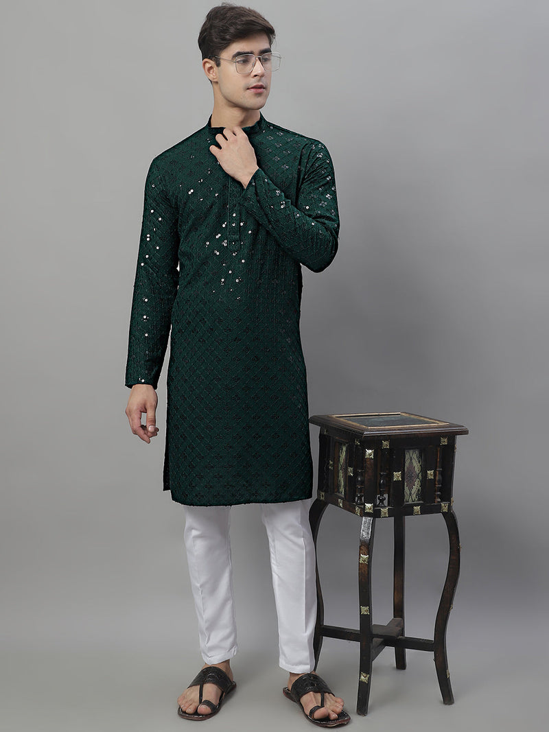 Men's Olive Green Chikankari Embroidered and Sequence Kurtas