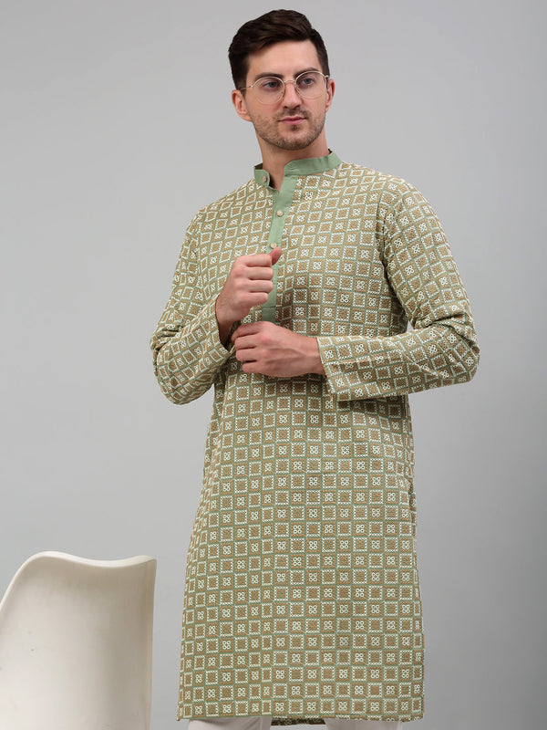 Men's Green Embroidered Kurta Only