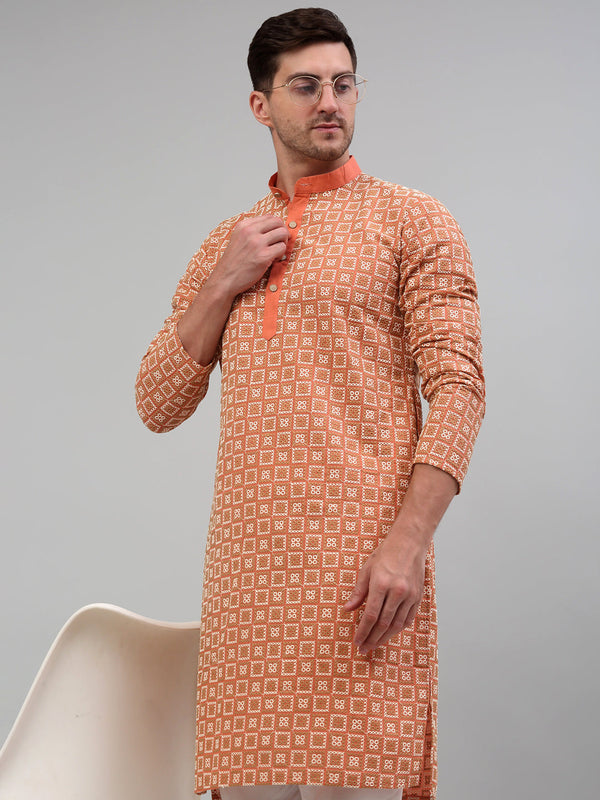 Men's Peach Embroidered Kurta Only