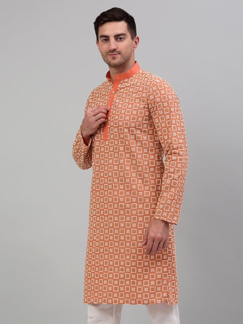 Men's Peach Embroidered Kurta Only