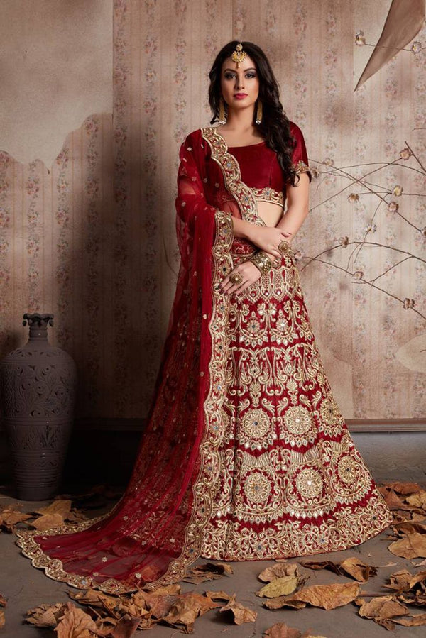 Aastha fashion Red Velvet lehanga blouse Zari, Dori and 3MM Sequence Embroidered - Prithvi Mart