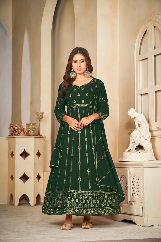 Aastha Green with Net top fabric Santoon Net Bottom fabric