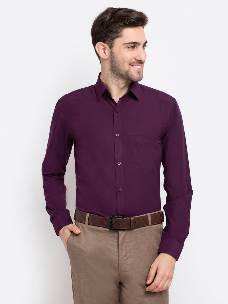 Indian Needle Men's Cotton Solid Burgundy Purple Formal Shirt's